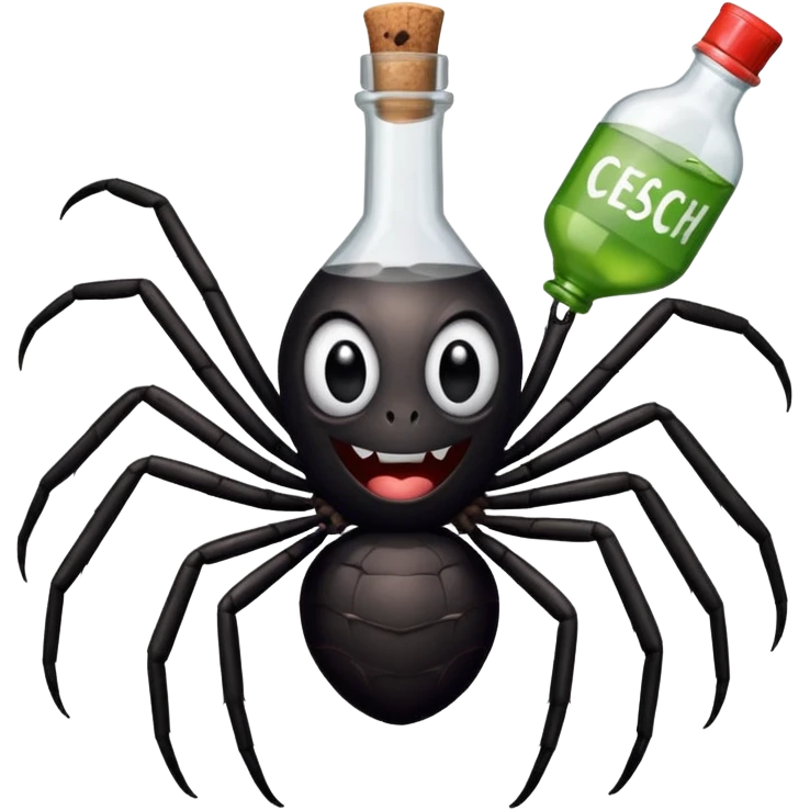 wesoły śmieszny pająk z butelka jadu i podpisem cześć emoji