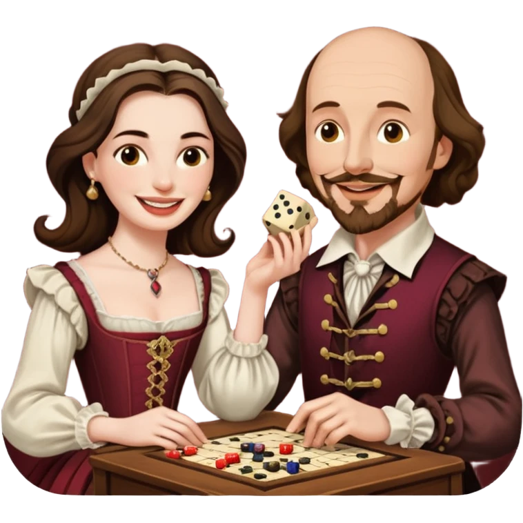 Can you make an emoji of William Shakespeare and Anne Hathaway (his wife-1582) playing Yahtzee  emoji