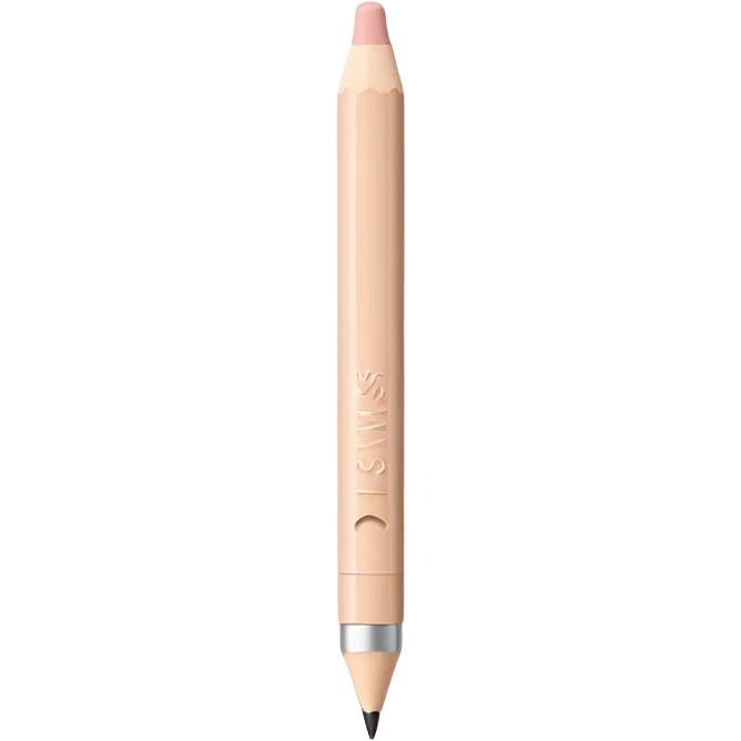 3D emoji-style lip pencil in nude beige color, labeled ‘Miss Tais 765’, with a sleek minimalist design. Pencil tip exposed, soft shadows, glossy plastic body, pastel background. Apple-style emoji aesthetic, clean and modern emoji