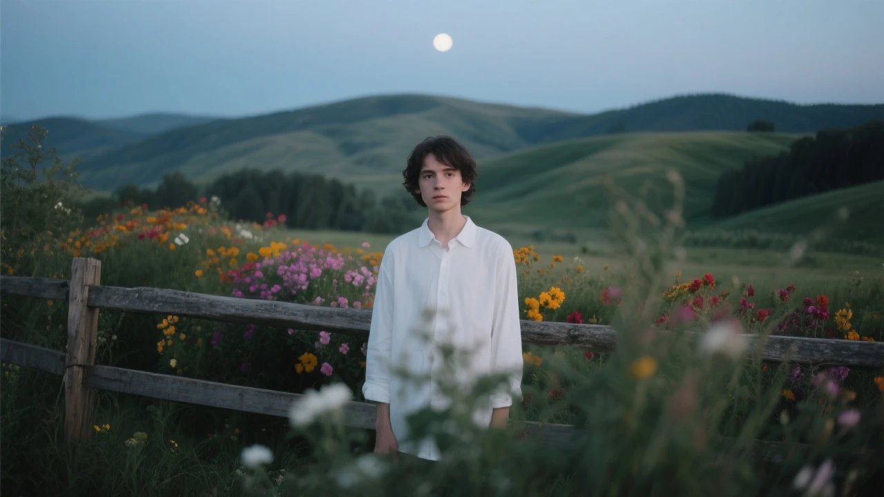 A portrait of a white person in the foreground, blurred plants in the foreground, a wooden fence and colorfull flowers in the midground, rolling hills in the background, cinematic depth of field, layered composition, moon back light emoji
