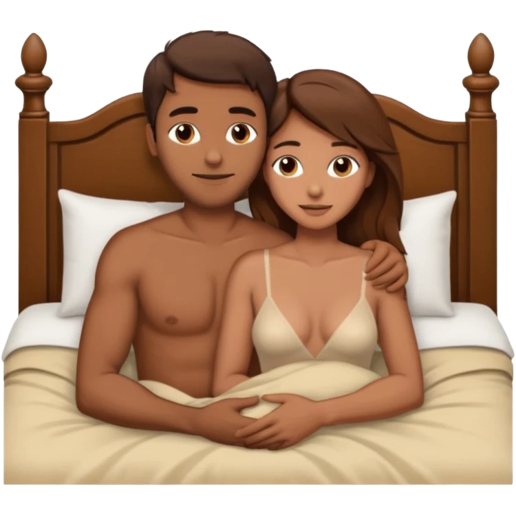 Brown Man with brown hair woman naked hugging sex in bed emoji