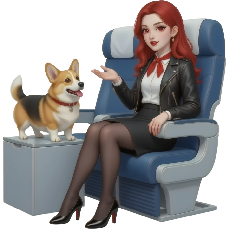 Vampiro femmina ADOLESCENTE con pelle bianca e capelli rossi indossa una gonna lunga fino alle ginocchia ner, una camicetta bianca, una giacchetta nera UNA SCIARPA CORTA ROSSA LEGATA AL COLLO e dei tacchi neri seduta su un sedile di un aereo insieme al suo Corgi che parla con una sua amica VAMPIRA emoji