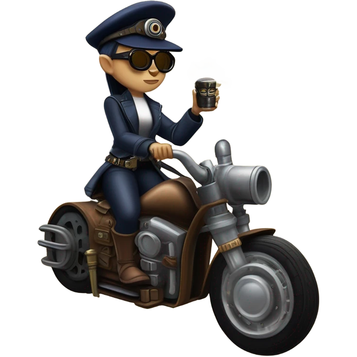Bounty hunter Wednesday Addams Jedi wearing a pair of navy-blue rimmed steampunk goggles, hat, leather chaps, fringe jacket riding a relaxed sci-fi 3 wheeled steampunk rat rod motorcycle with large fenders and saddlebags in desert town  emoji