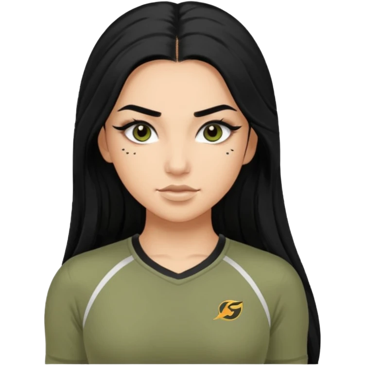 baddie, long hair, cute athletic clothes, very long lashes emoji