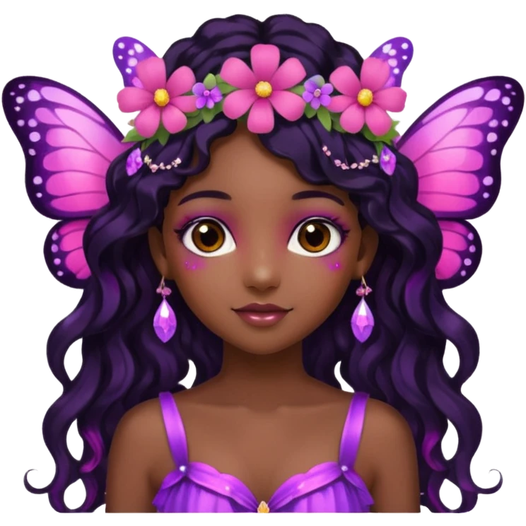 Black girl fairy with long wavy black hair, pink and purplered butterfly wings sparkly emoji