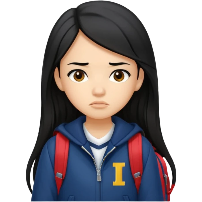 college student with annoyed face , black hair , with navy varsity jacket( initial I) and backpack , girl, long hair,  emoji