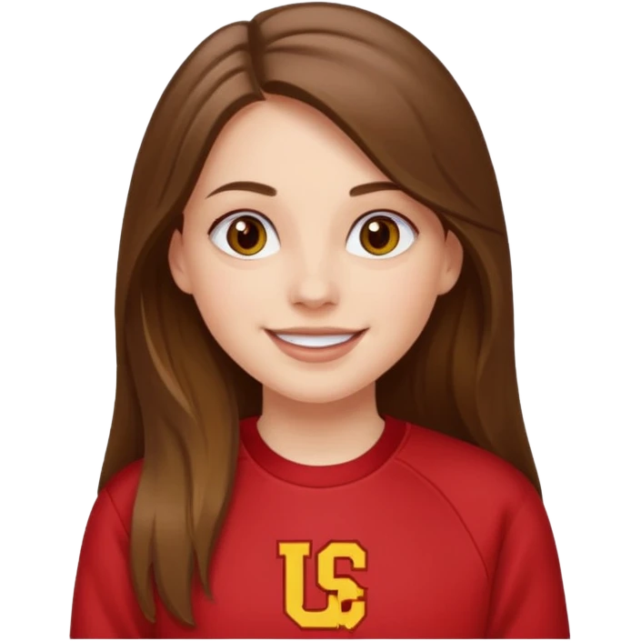 happy white long brunette hair girl with hazel eyes and in red USC sweatshirt emoji