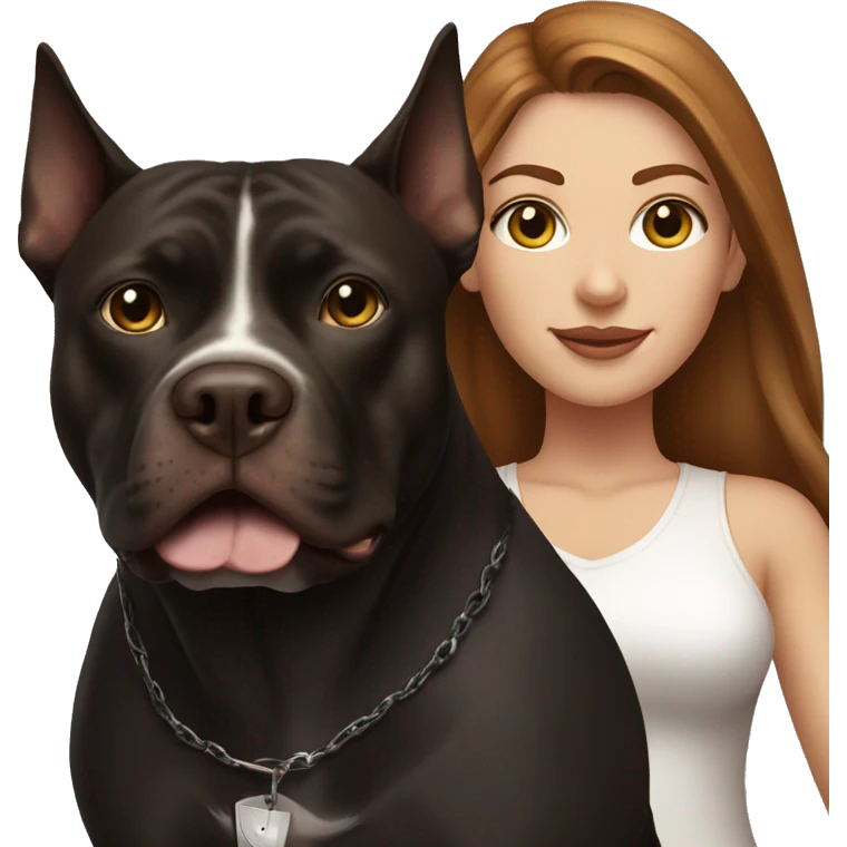 white woman with long brown hair and cat shaped eyes standing alongside a black pitbull  emoji