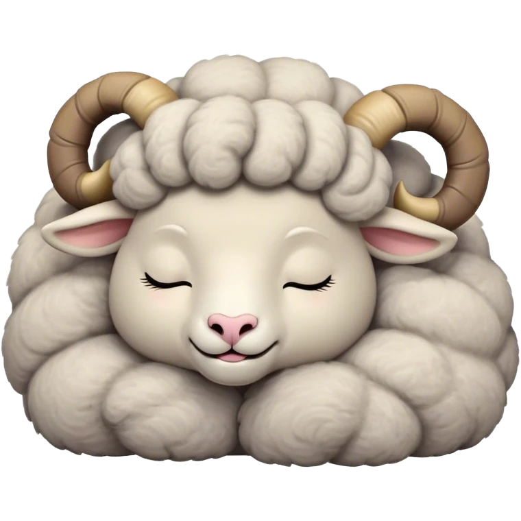 Meme-Worthy Cute Sleeping Ram Portrait Emoji, Head resting peacefully with a contented smile, showcasing a robust build and a luxuriously soft woolly grey fur with gently curled horns, eyes shut in a serene, restful nap, Simplified yet hilariously adorable features, highly detailed, glowing with a soft, drowsy light, high shine, relaxed and utterly lovable, stylized with an air of playful laziness, bright and heartwarming, soft glowing outline, capturing the essence of a comically sleepy ram, so meme-worthy it feels like it could instantly become the next viral sensation of adorable slumber! emoji
