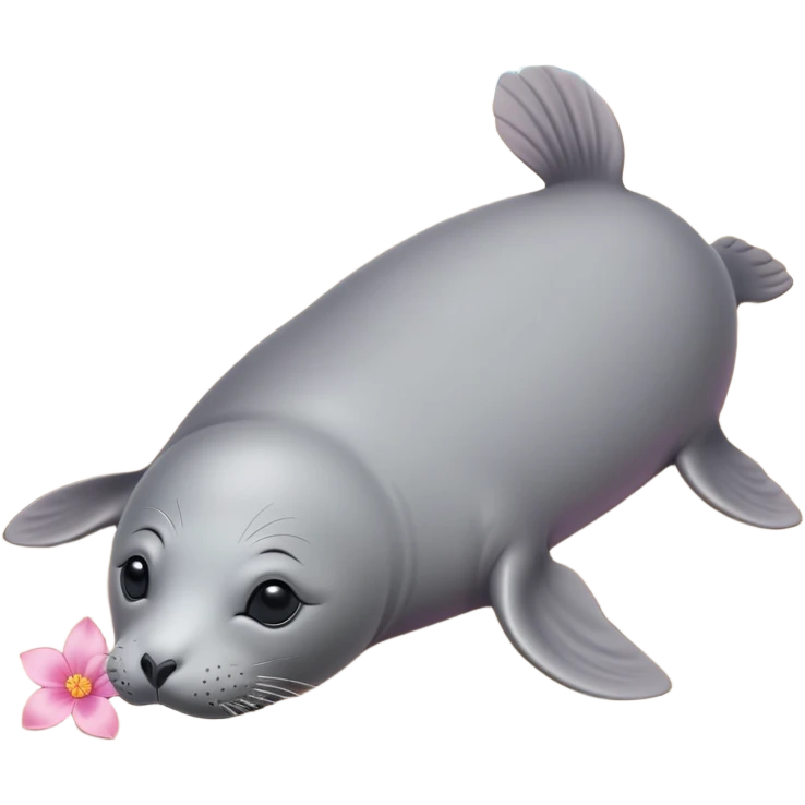 A small, slim grey seal resting gracefully on a sandy beach, with a delicate pink flower placed on its head.   emoji