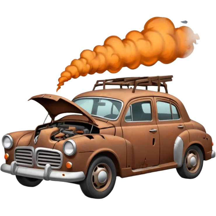 Side view of a broken-down old car with steam from the open bonnet, shattered windows, rusted doors, a flat tire, dents, peeling paint, and a grimy, neglected look. emoji