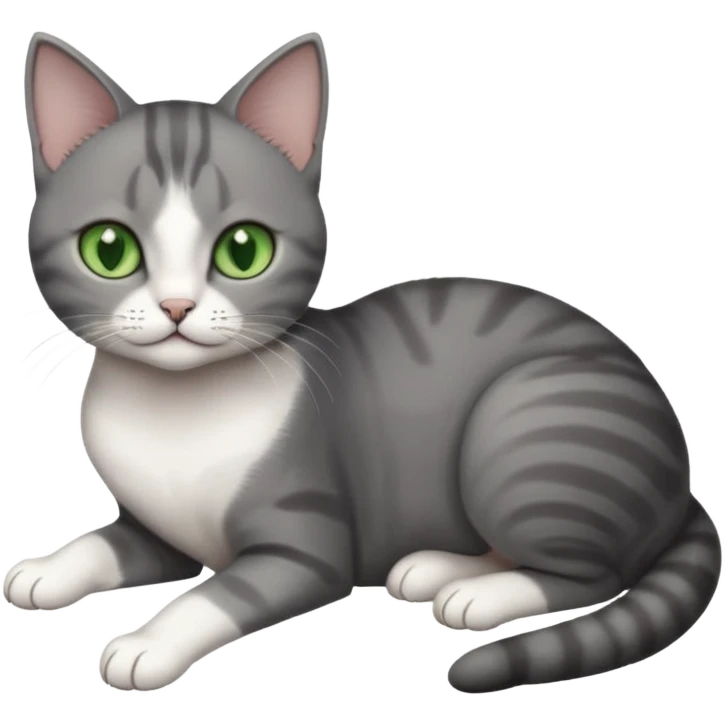 full body tiny short hair dark grey and white cat with white front legs and green  eyes lying down emoji