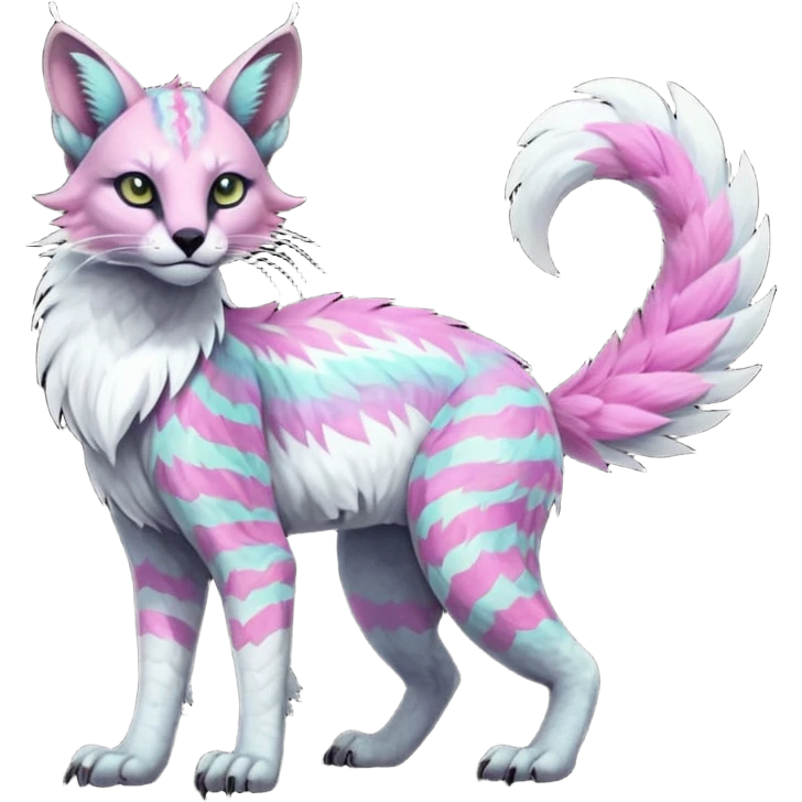 Colorful dark tropical feathery tribal pale light fruity pastel white glorious iridescent divine exotic cute albino neon vibrant spooky evil zigzagged cool beautiful beautiful fantasy-caracal-civet-genet-sergal-vernid-Gryphon-Cacomistle-Trico-oncilla-animal-Fakémon-hybrid-fursona (full body) emoji