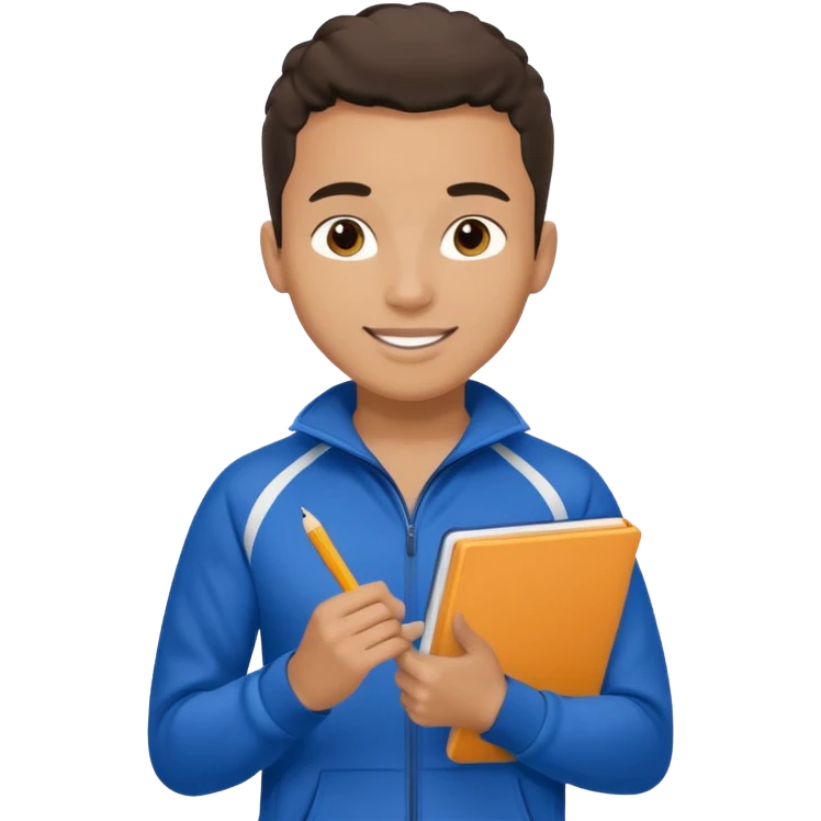 A young coach with a notepad, encouraging players with a confident smile. emoji