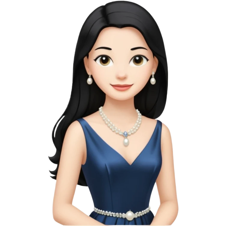 young elegant lady, long straight black hair, satin evening gown, pearl necklace, serene smile emoji