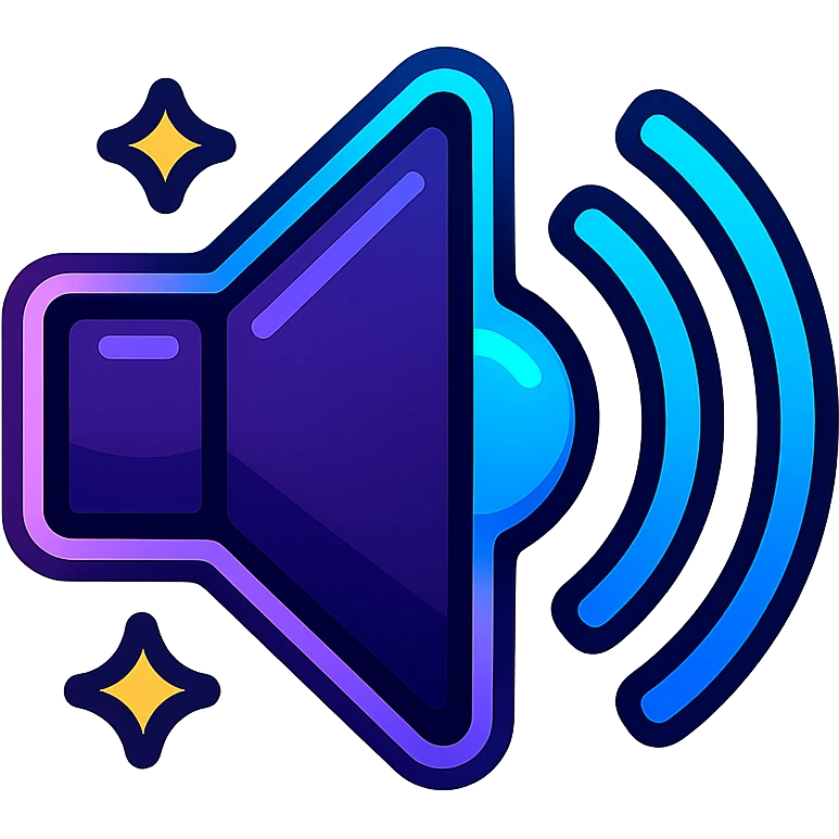 volume icon with dark purple, blue, and black base, bright accents, complex gradients, stars, bright neon border, elegant futuristic speaker symbol, glow and lighting effects, sophisticated futuristic icon style emoji