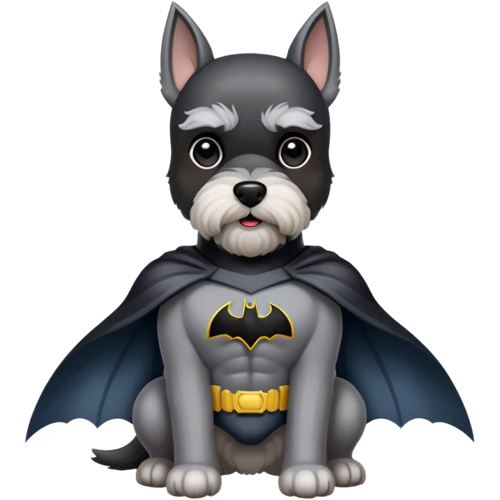 Miniature schnauzer, wearing a Batman suit emoji