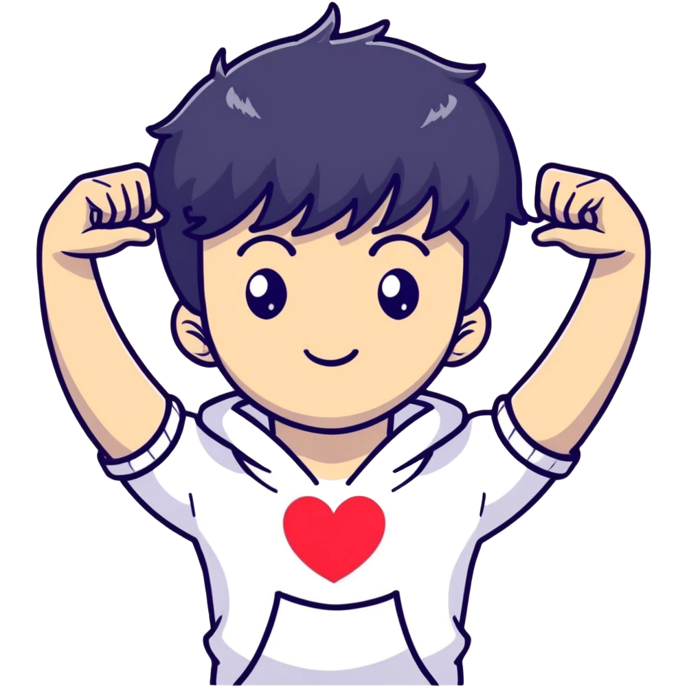 Black-haired male idol with arms forming heart shape above head, arms curved in heart outline, K-pop style emoji