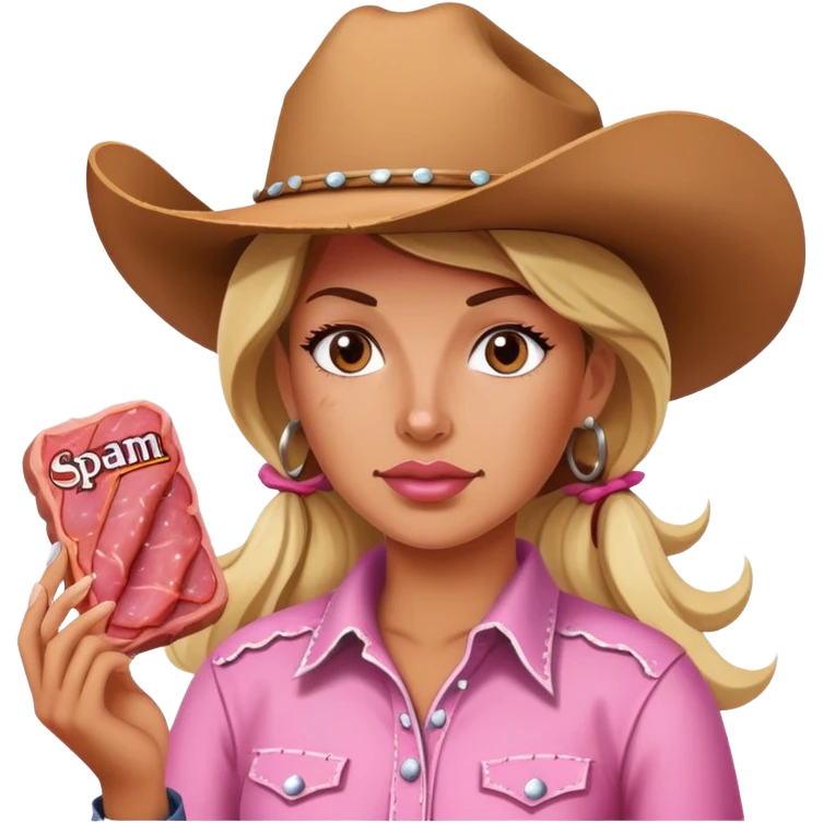 pink cowgirl painting a SPAM meat portrait landscape  emoji