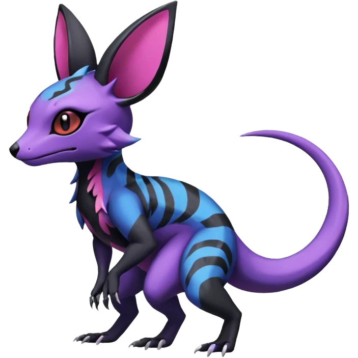 Rare epic aesthetic colorful Salandit-Noibat-Eevee-Genet-species-Fakemon-hybrid-creature, with markings, full body emoji