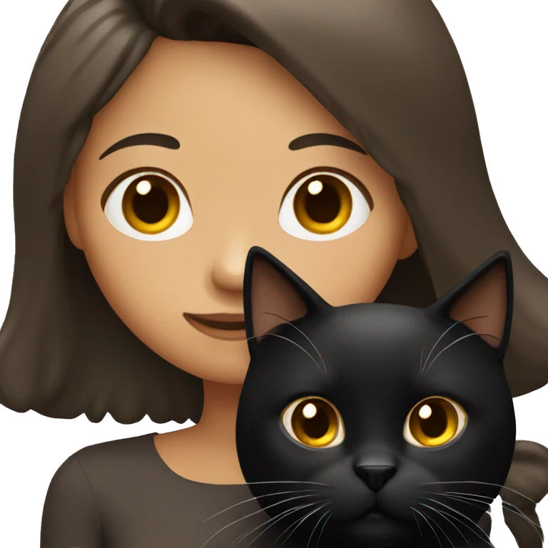 Tan girl with long dark hair holding a fluffy black cat emoji