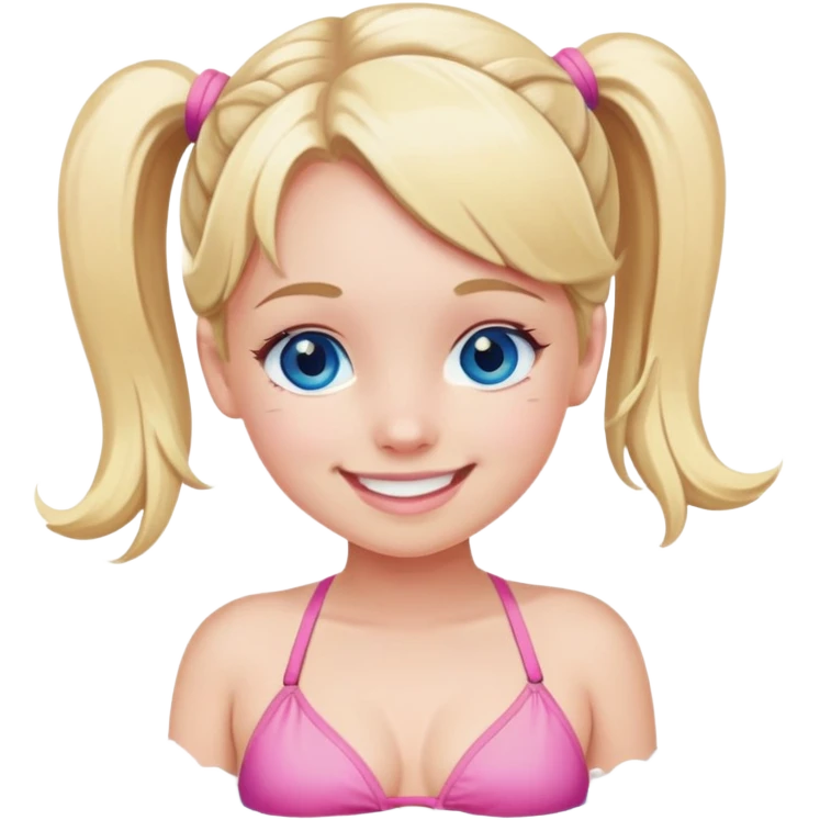 Blonde girl with pigtails, blue eyes, wearing a pink bikini, smiling emoji
