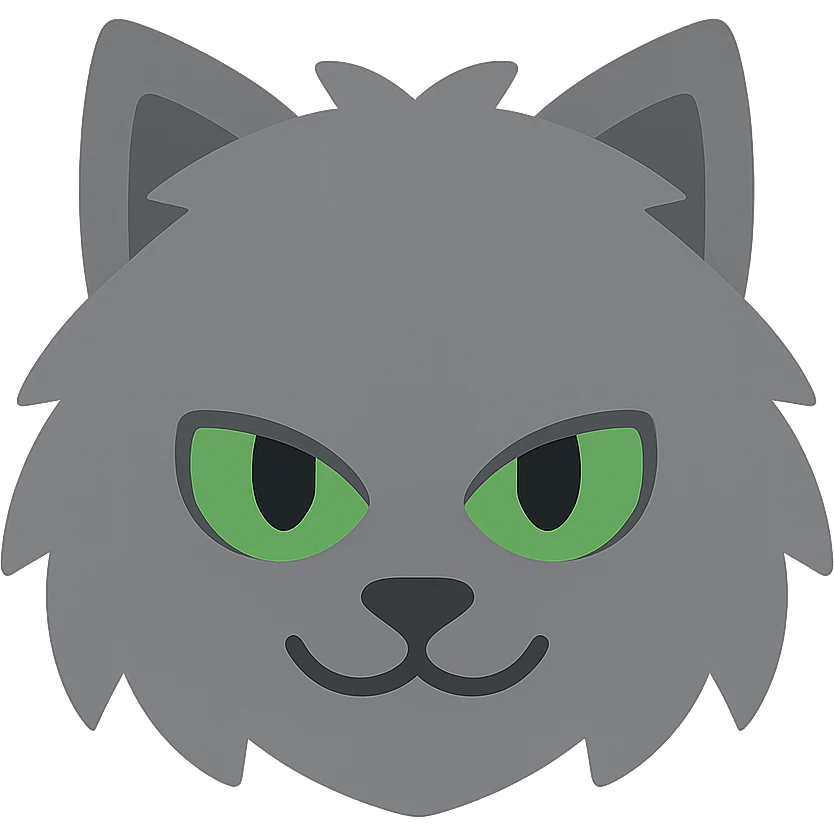 grey fluffy mischievous cat face with green eyes, color icon style emoji