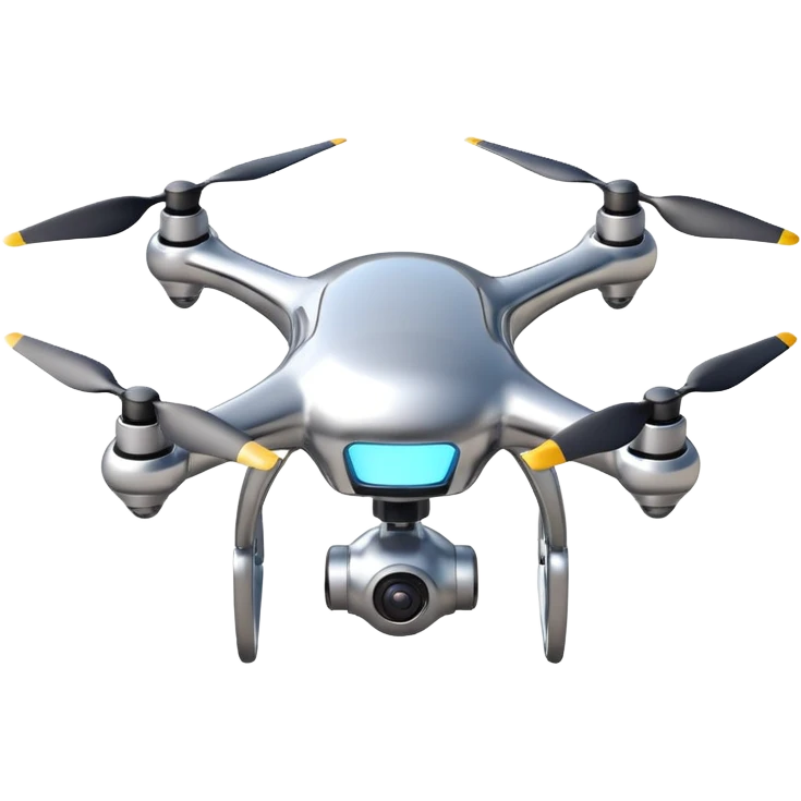 A futuristic drone emoji made of polished silver chrome, smooth rounded body, minimal propellers, reflective metallic surface, soft studio lighting, iOS emoji style, centered, clean white background emoji