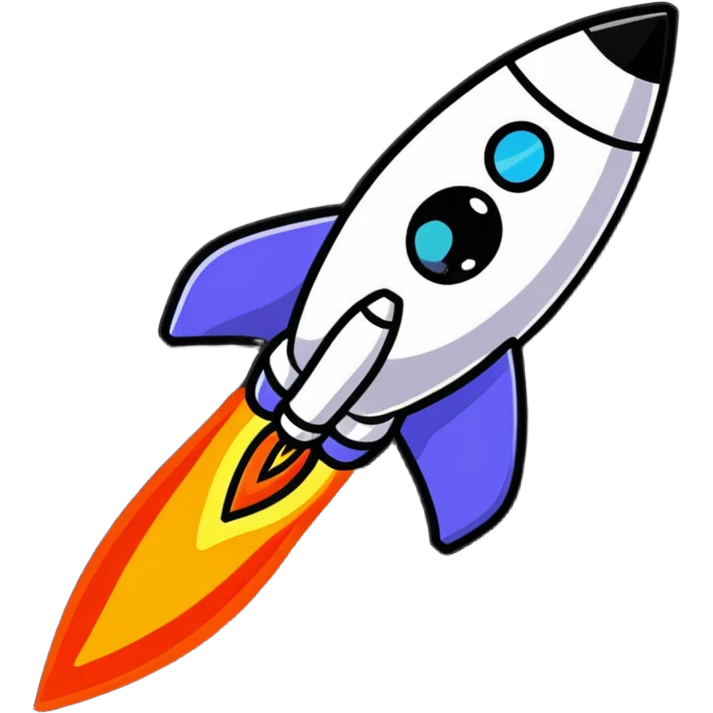 A cute sticker-style space rocket with a smiling face and bright flame trail emoji