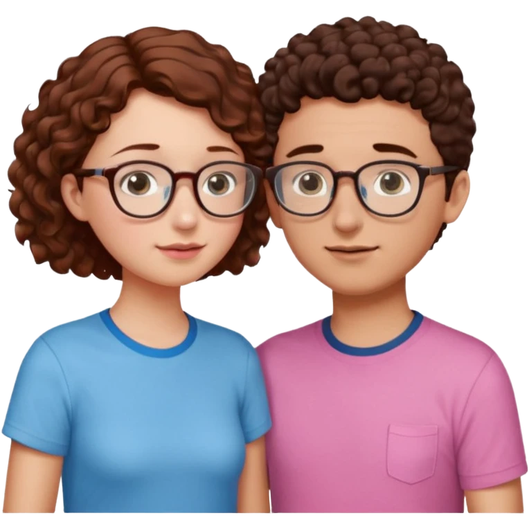 a couple where de girl has short, redish brown hair, pink shirt and the boy has short curly dark brown hair, has glasses and has light blue shirt. they are facing each other and their noses touch emoji