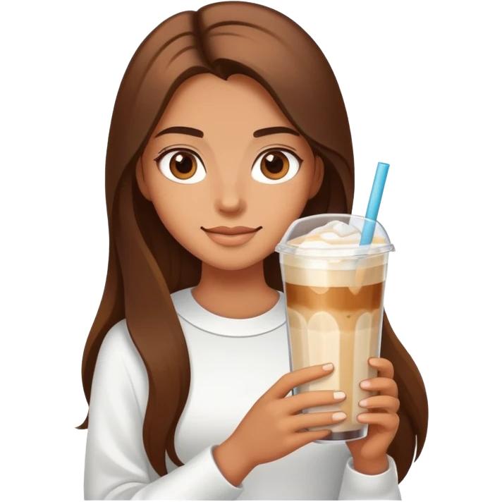 girl with long brown hair has ice latte coffee in glasse cup emoji