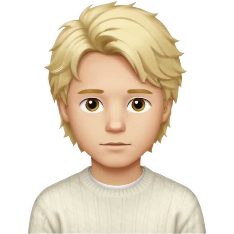 Create a look for a blond boy with long, tousled hair, light eyes, a white sweater, a wealthy appearance, blue eyes, and accessories like a Rolex or Cartier watch, and a cute face with messy hair down. emoji