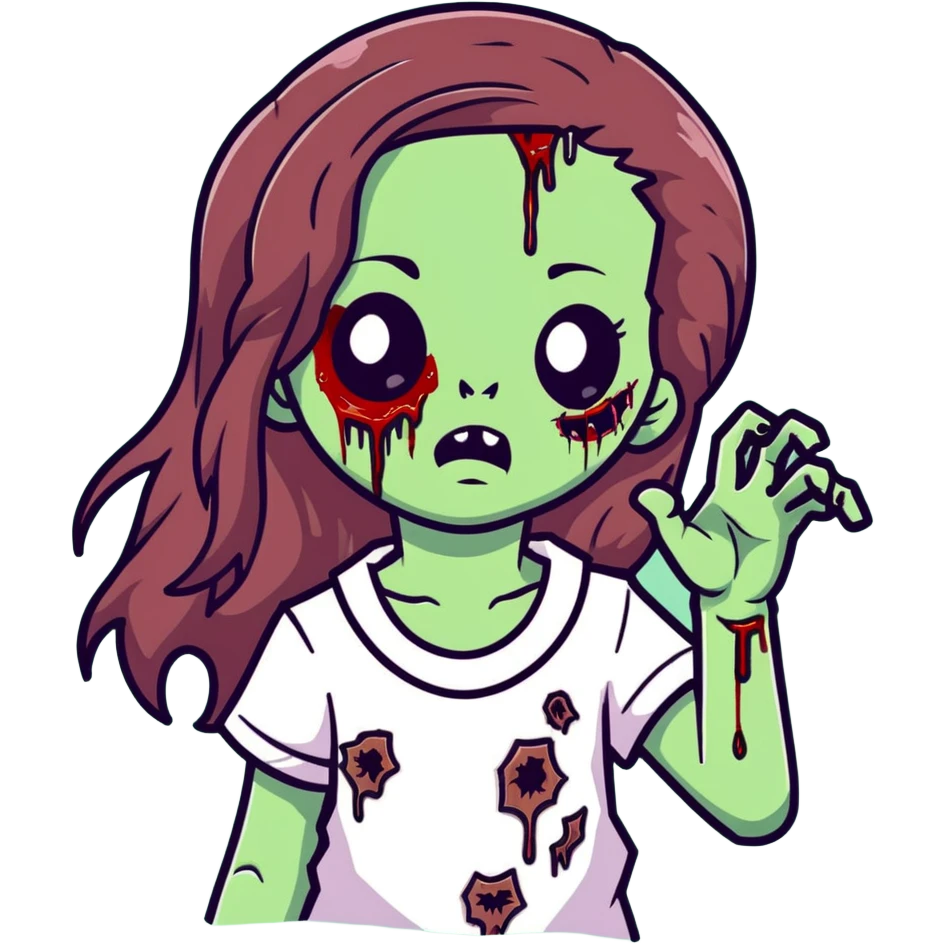 Girl zombie with long flowing brown hair, decaying pale green skin, and creepy undead expression emoji