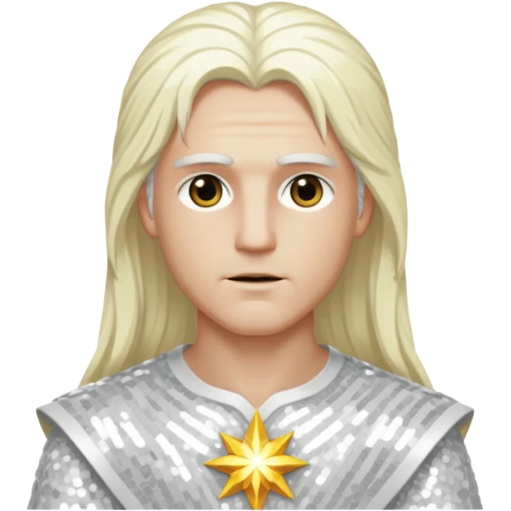 Baldr, God of Light from Gods and Goddesses with long white blonde hair, white sequin outfit emoji