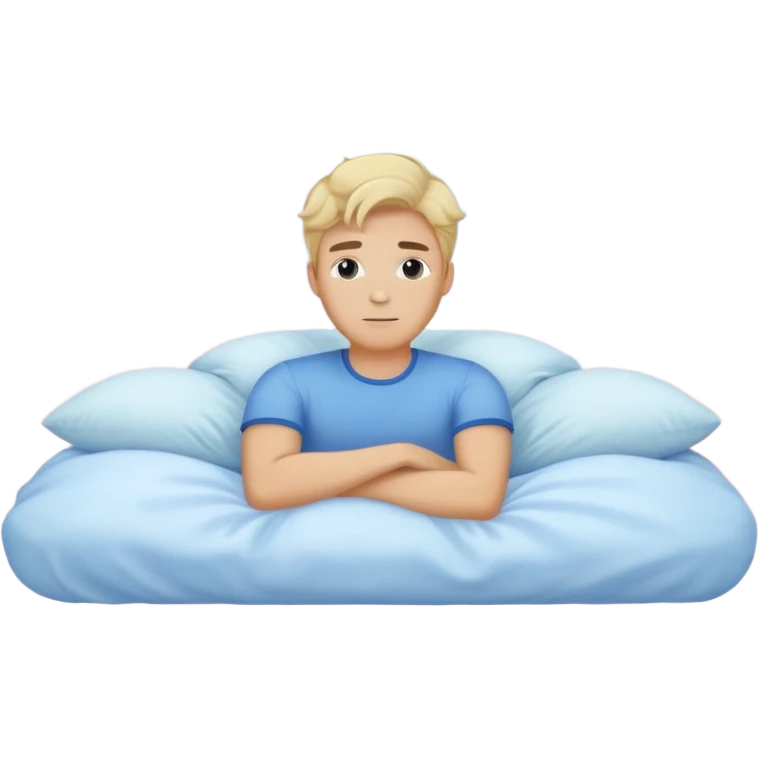 Sweet dreams a blonde man in a very comfy bed with blue and Pastel clouds and an delicate  galaxy elegant  emoji