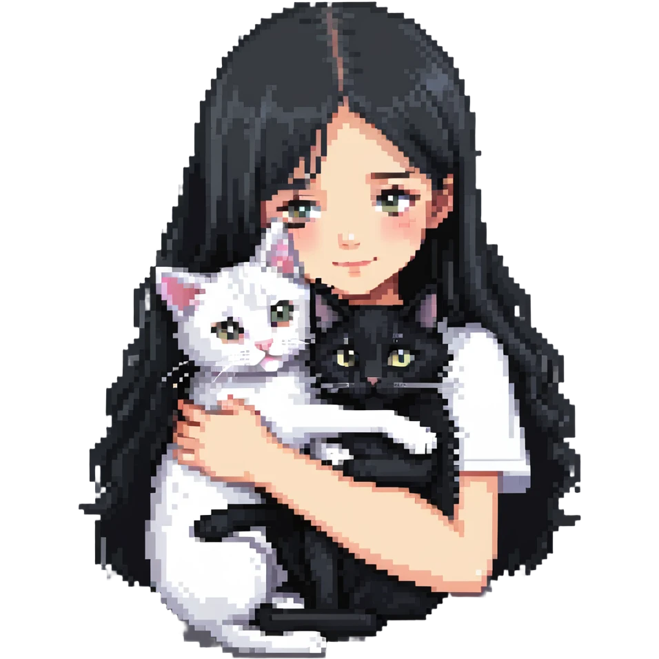 Beautiful girl with long black hair hugs a gray and blond mixed breed cat emoji