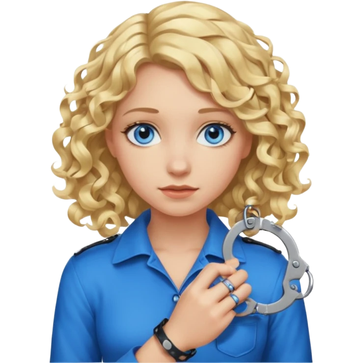 A girl with blond hair that curls at the end shoulder length and blue eyes who is breaking handcuffs emoji