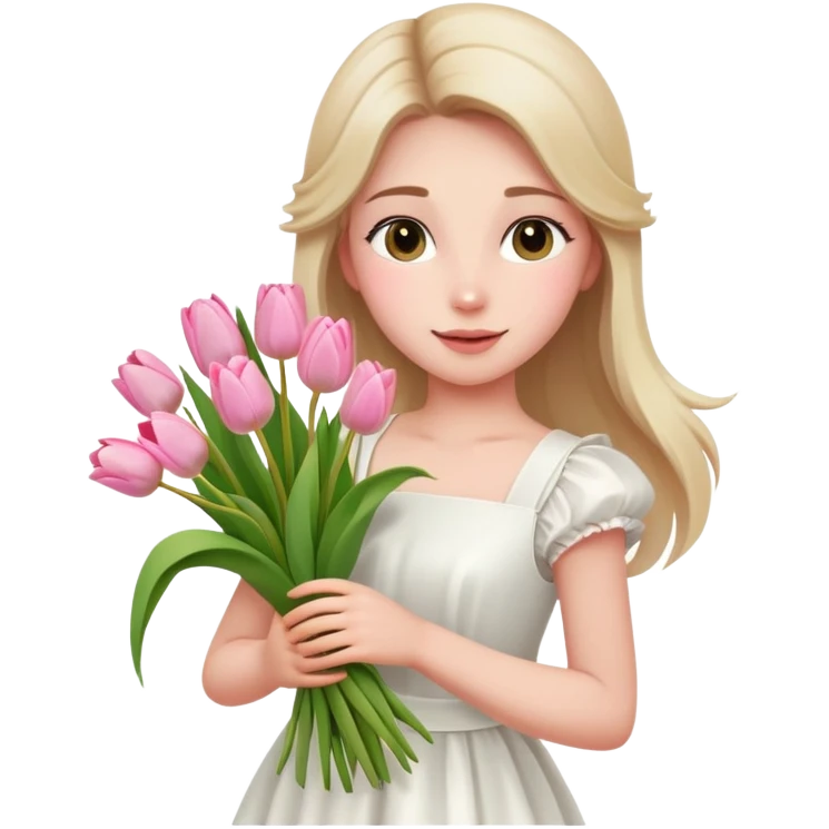  A girl with a half-up half-down hairstyle, and a white dress, enjoying the spring breeze.Holding a bundle of pink tulips emoji