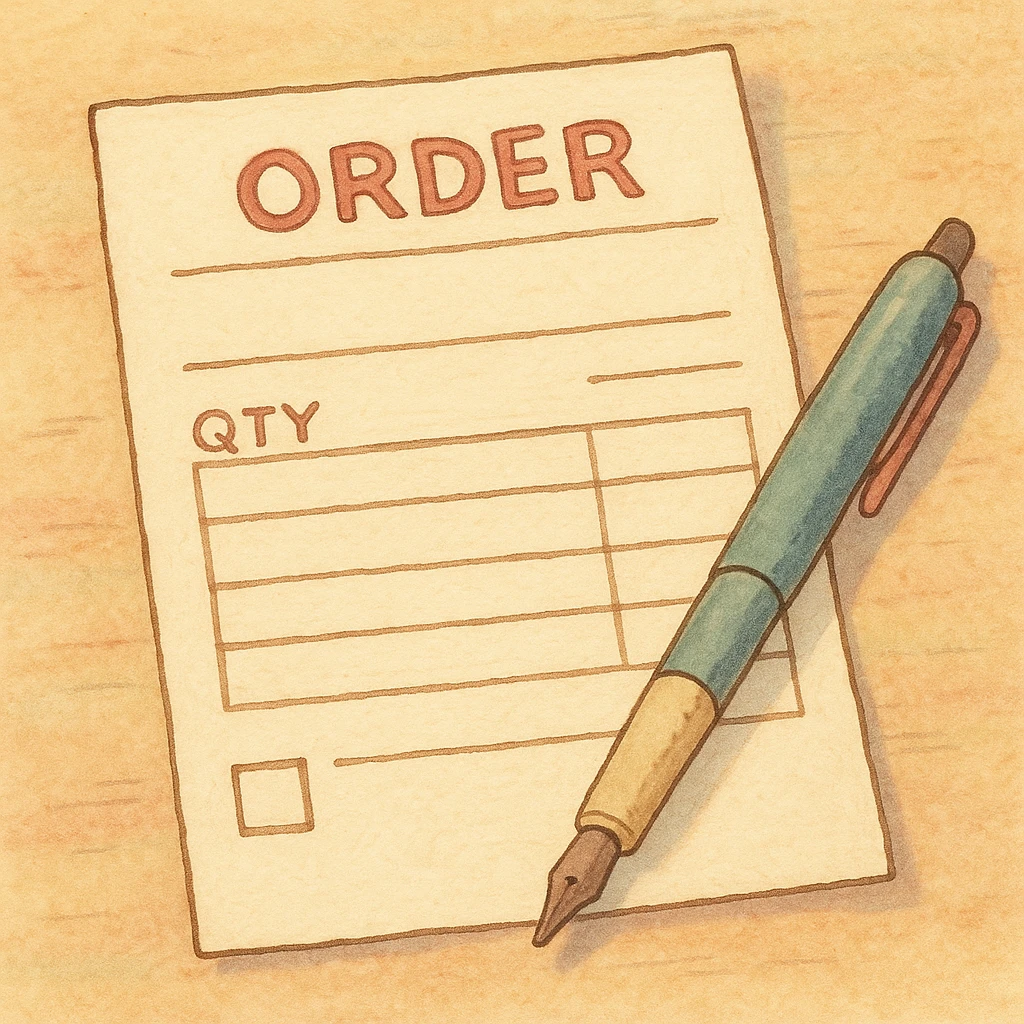 a stylized order form with a pen, ghibli style emoji