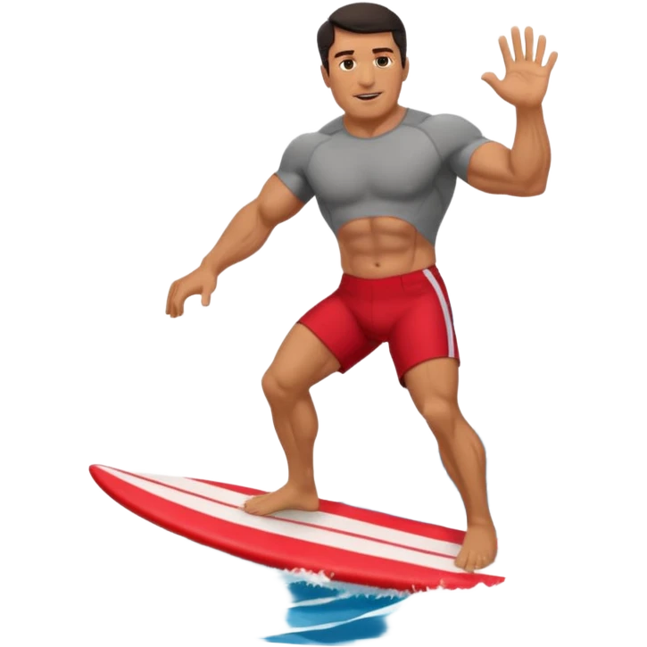 50 year old, muscular, dark haired, tan, red shorts man riding a big wave emoji