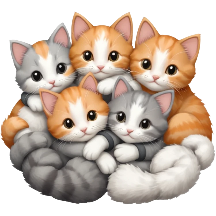 6 tiny kittens cuddling together all various different natural colours including solid grey with white mittens, grey and white, ginger and white, calico and brown and white emoji