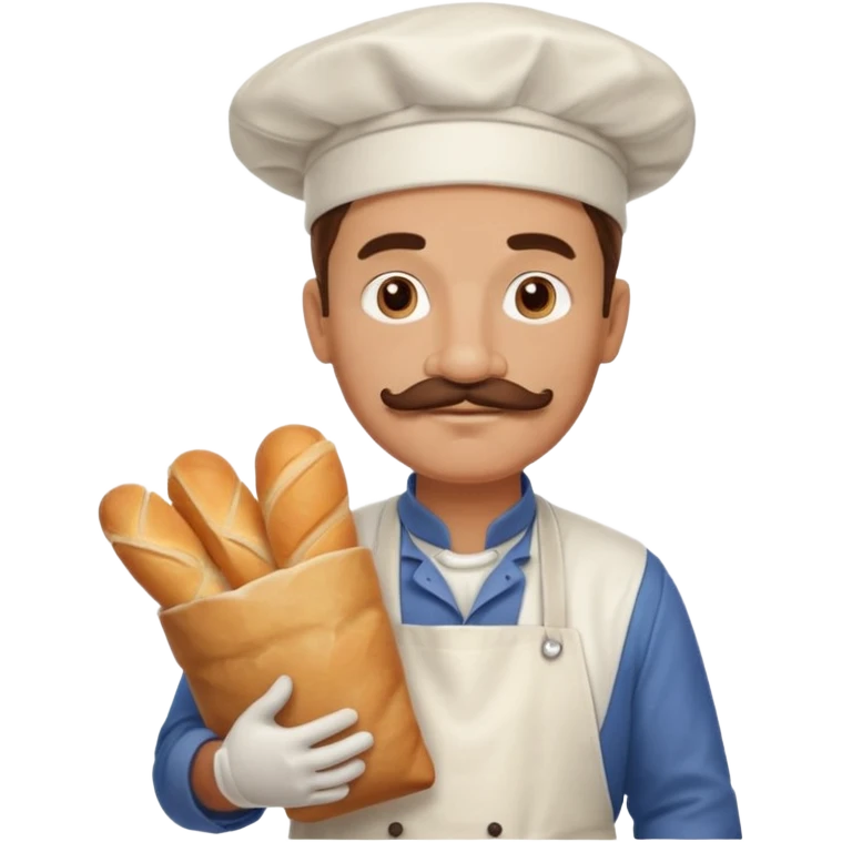 Middle aged male pastry chef - with a mustache, apron, white hat, holding a bag of bread emoji