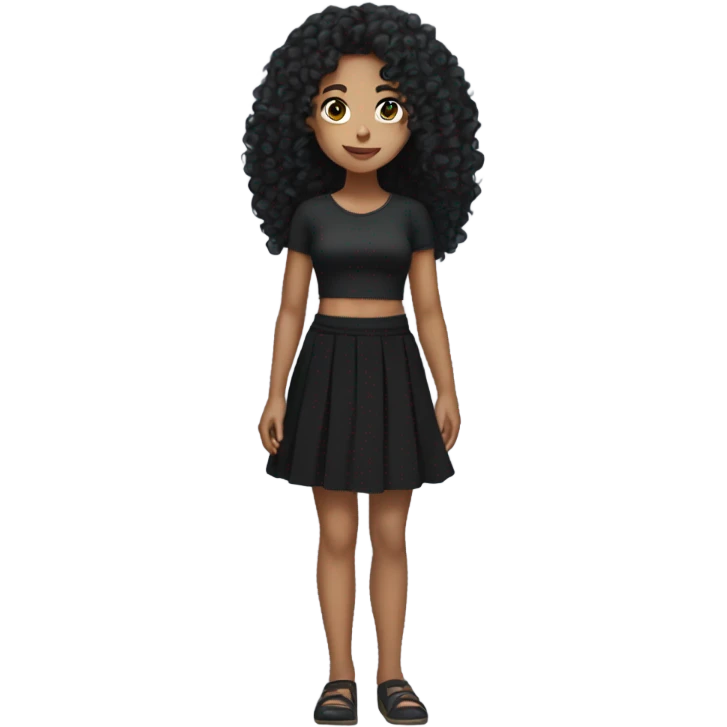 Tan girl with black long curly hair black skirt full body emoji