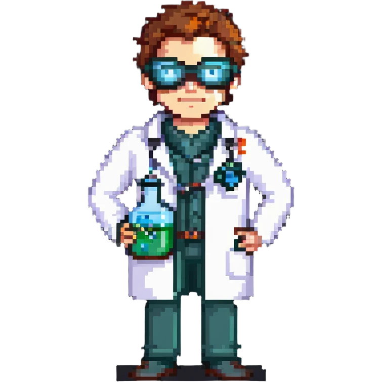 chemistry superhero wearing a lab coat and goggles holding a beaker emoji