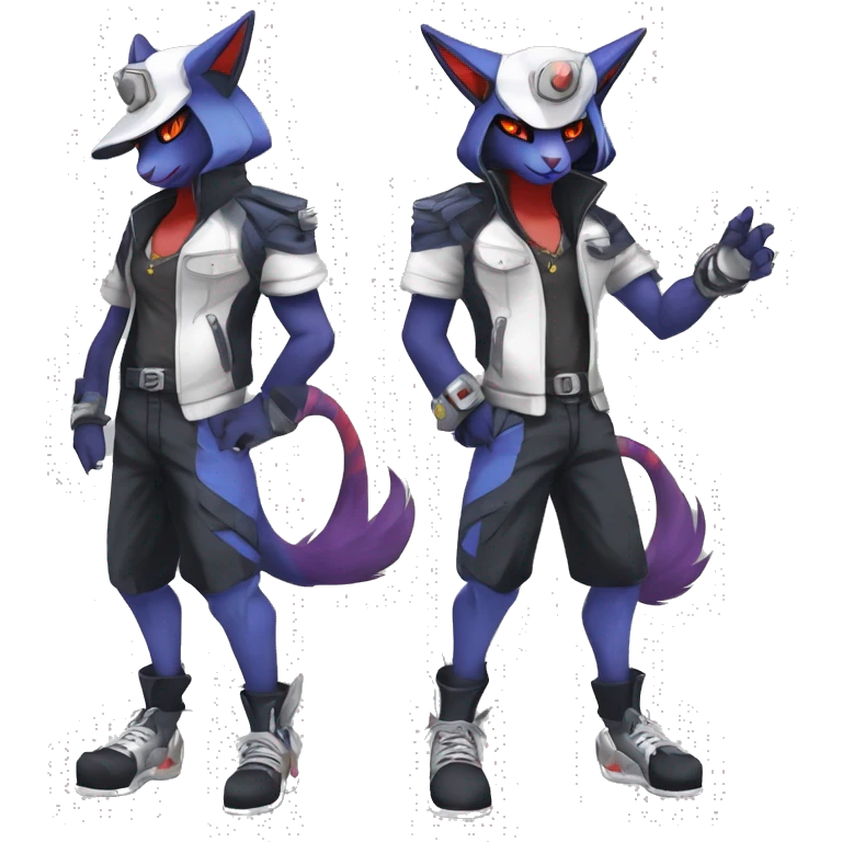 Cool Anthro Absol-Noibat-Quilava-Litten-Sphynx-Pokémon with edgy stripes collar punk techwear cool fiddler-hat Full Body emoji