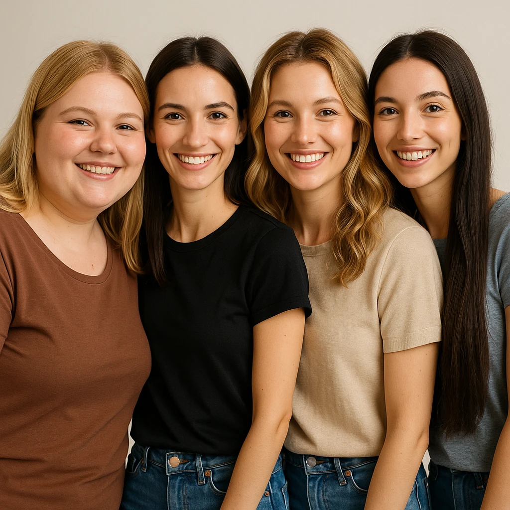 portrait of four young female friends, 25 years old, waist up, each with distinct features: chubby blonde with cheeks, slim brunette, normal weight blonde with wavy hair, slim brunette with very long hair; casual clothing, light background, smiling expressions, friendly atmosphere emoji