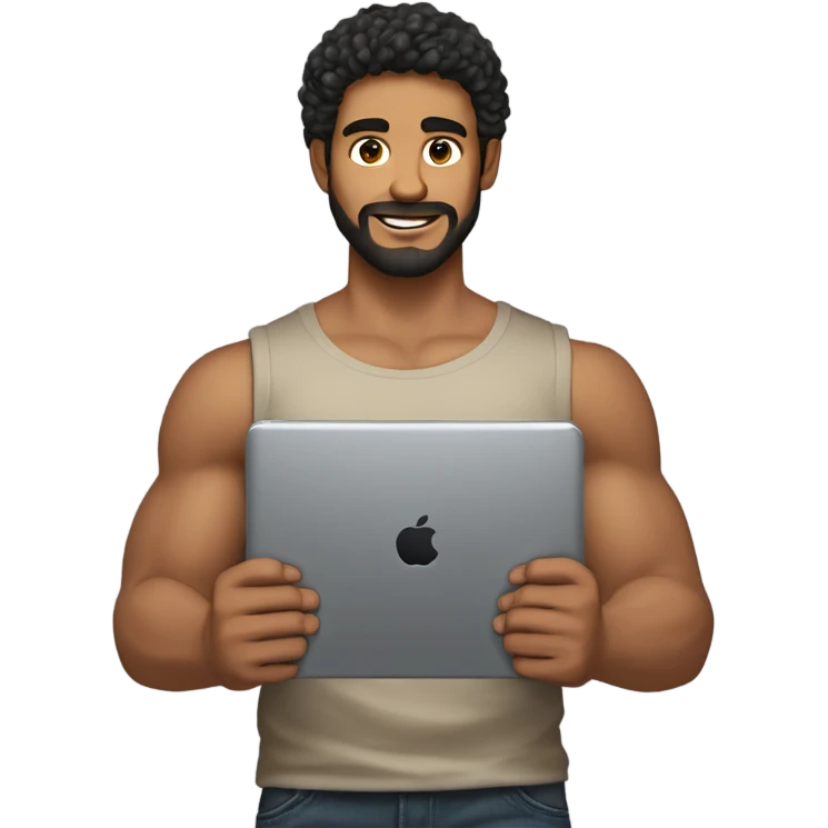 men holding his computer in hands. light brown skin men with curly black hair, dark brown eyes, little grown beard. ust a tiny bit muscular. dressed casual. round face. emoji