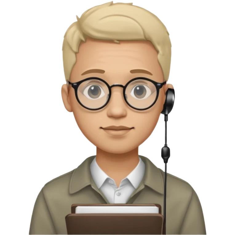 A man in his 20s wearing an apnotebook, wearing radio earrings, round glasses, achromatic clothes emoji