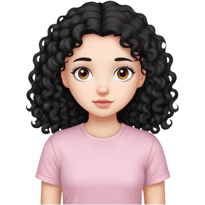 Menina de pele branca, com olhos castanhos, cabelo longo cacheado preto, vestida uma camiseta da cor rosa clara e sem nem uma estapa  emoji