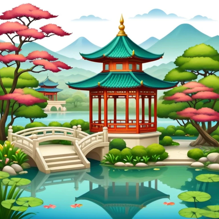 Oriental palace garden with pavilion and pond emoji
